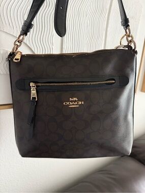 COACH Brown Signature Leather Shoulder Bag with Gold Hardware